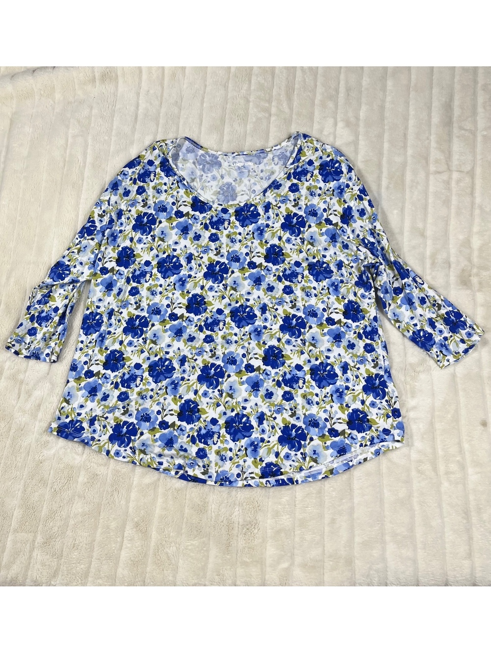 Lands' End Women's 1X White Blue Floral Business Casual Preppy Fall Spring Tee